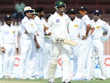 Pakistani batsman Khurram Manzoor leaves the field against being dismissed during the match against Sri Lanka on January 18, 2014
