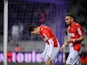 Monaco's Lucas Ocampos celebrates after scoring his team's second goal against Toulouse during their Ligue 1 match on January 19, 2014