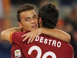 Mattia Destro with his teammate Adem Ljaijc of AS Roma celebrates after scoring the opening goal during the Serie A match against AS Livorno Calcio on January 18, 2014