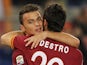 Mattia Destro with his teammate Adem Ljaijc of AS Roma celebrates after scoring the opening goal during the Serie A match against AS Livorno Calcio on January 18, 2014
