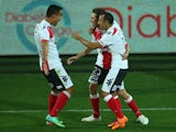 Mate Dugandzic of the Heart celebrates his second goal with team mates during the round 15 A-League match between Melbourne Heart and the Newcastle Jets at AAMI Park on January 17, 2014