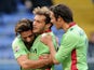 Alessandro Diamanti of Bologna FC celebrates his goal with team mate Davide Moscardelli during the Serie A match against UC Sampdoria on January 26, 2014