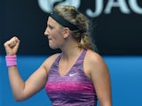 Belarus's Victoria Azarenka celebrates after victory in her women's singles match against Sloane Stephens of the US on day eight of the 2014 Australian Open tennis tournament in Melbourne on January 20, 2014