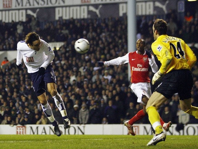 Berbatov of Tottenham Hotspur scores the opening goal during the Carling Cup Semi Final 1st leg match between Tottenham Hotspur and Arsenal at White Hart Lane on January 24, 2007