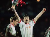 Mark Hughes celebrates with the Cup Winners' Cup trophy on May 15, 1991.