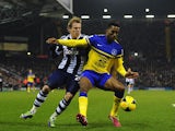 West Brom's Matej Vydra and Everton's Sylvain Distin in action during their Premier League match on January 20, 2014