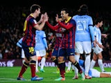 Pedro Rodriguez of FC Barcelona celebrates with his team mate Lionel Messi after scoring his team's second goal during the La Liga match against Malaga on January 26, 2014
