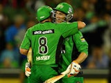 David Hussey and Peter Handscomb of the Stars celebrate a win during the Big Bash League match between the Melbourne Stars and the Hobart Hurricanes at Melbourne Cricket Ground on January 21, 2014