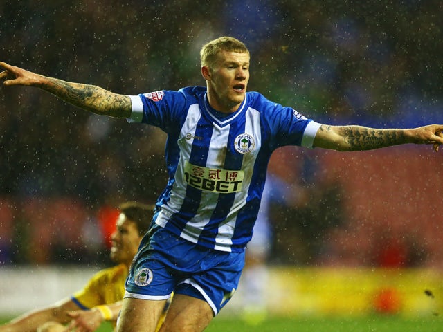 James McClean of Wigan Athletic celebrates his goal during the Budweiser FA Cup fourth round match between Wigan Athletic and Crystal Palace at DW Stadium on January 25, 2014