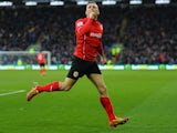 Craig Bellamy of Cardiff City celebrates as he scores their first goal during the Barclays Premier League match against Norwich City on February 1, 2014