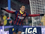 Barcelona's Alexis Sanchez celebrates after scoring his team's third goal against Levante during their Copa del Rey quarter-final match on January 29, 2014