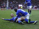 Kevin Phillips of Leicester City celebrates scoring a goal with Lloyd Dyer of Leicester City during the Sky Bet Championship match between Bournemouth and Leicester City at Goldsands Stadium on February 01, 2014
