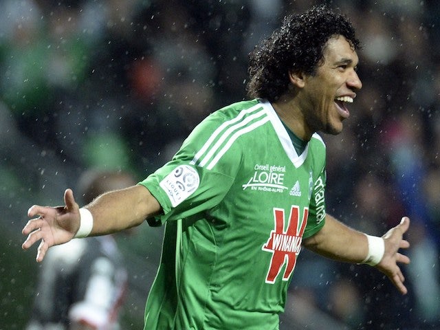 Saint-Etienne's player Brandao celebrate his team's win during the French L1 football match against Valenciennes on February 1, 2014