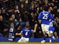 Everton's Northern Irish midfielder Darron Gibson (L) celebrates scoring the opening goal of the English Premier League football match between Everton and Manchester City on January 31, 2012