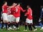 Dimitar Berbatov of Manchester United celebrates his goal with team mates during the Barclays Premier League match against Stoke City on January 30, 2012