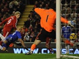 Fernando Torres, then of Liverpool, heads in a late goal against Chelsea on February 01, 2009.