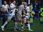 Haydn Thomas (R) of Exeter Chiefs celebrates his try with his team-mates during the LV= Cup match against Worcester Warriors on February 1, 2014