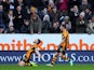 Shane Long of Hull City celebrates his debut goal with team-mate Robbie Brady during the Barclays Premier League match between Hull City and Tottenham Hotspur at KC Stadium on February 01, 2014