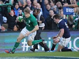 Andrew Trimble of Ireland scores a try during RBS Six Nations match between Ireland and Scotland at the Aviva Stadium on February 2, 2014 