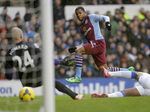 Leandro Bacuna of Aston Vila scores the opening goal during the Barclays Premier League match at Goodison Park on February 1, 2014