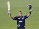 Ross Taylor of New Zealand celebrates 100 runs during the fifth and final international one day cricket match between New Zealand and India in Wellington at Westpac Stadium on January 31, 2014