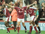 Paolo Di Canio celebrates scoring for West Ham United on October 03, 1999.