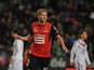 Rennes' Swedish forward Ola Toivonen celebrates after scoring his team's second goal during the French L1 football match Rennes vs Lyon on February 2, 2014