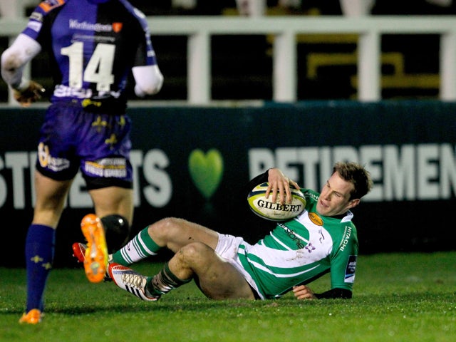 Phil Goodman of Newcastle Falcons scores his opening try during the LV= Cup match between Newcastle Falcons and Newport Gwent Dragons at Kingston Park on January 31, 2014