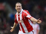 Charlie Adam of Stoke City celebrates scoring the opening goal during the Barclays Premier League match between Stoke City and Manchester United at Britannia Stadium on February 1, 2014
