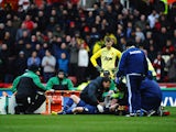 Phil Jones of Manchester United is stretchered off injured during the Barclays premier League match between Stoke City and Manchester United at Britannia Stadium on February 1, 2014