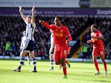 Daniel Sturridge of Liverpool celebrates after scoring the opening goal during the Barclays Premier League match between West Bromwich Albion and Liverpool at The Hawthorns on February 2, 2014