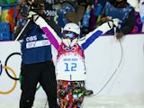 Aiko Uemura of Japan celebrates during Ladies' Moguls Final during day 1 of the Sochi 2014 Winter Olympics at Rosa Khutor Extreme Park on February 8, 2014