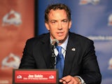 Joe Sakic Executive Vice President of Hockey Operations of the Colorado Avalanche addresses the media as Patrick Roy is introduced as the new Head Coach/Vice President of Hockey Operations of the Colorado Avalanche during a press conference at the Pepsi C