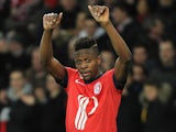 Lille's Divock Origi celebrates after scoring the opening goal against Sochaux during their Ligue 1 match on February 8, 2014