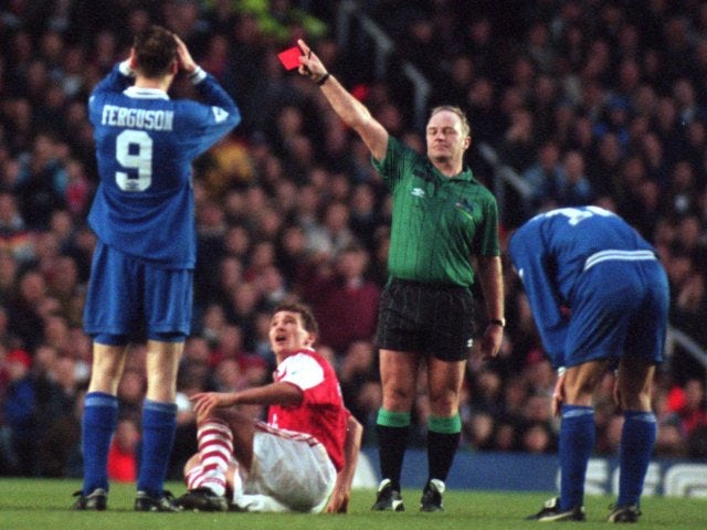 Duncan Ferguson is red carded against Arsenal on January 14, 1995.