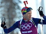 Norway's biathlete Ole Einar Bjoerndalen skis during a training session at the Laura Cross Country Skiing and Biathlon Centre in Rosa Khutor, near Sochi, on February 5, 2014