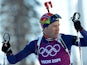 Norway's biathlete Ole Einar Bjoerndalen skis during a training session at the Laura Cross Country Skiing and Biathlon Centre in Rosa Khutor, near Sochi, on February 5, 2014