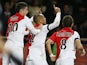 Monaco's Fabinho celebrates with teammates after scoring the equaliser against PSG during their Ligue 1 match on February 9, 2014