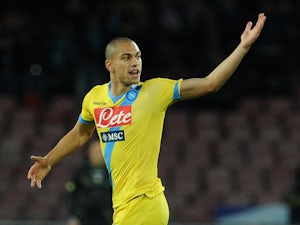 Napoli's Gokhan Inler celebrates after scoring his team's first goal against AC Milan during their Serie A match on February 8, 2014