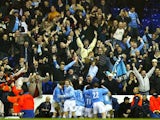 Manchester City players and fans celebrate John Macken's late winner against Tottenham Hotspur on February 04, 2004.
