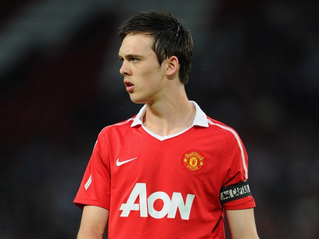 Tom Thorpe of Manchester United looks on during the FA Youth Cup Semi Final 2nd Leg between Manchester United and Chelsea at Old Trafford on April 20, 2011