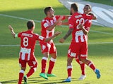 David Williams of the Heart celebrates with his teammates after scoring the winning goal during the round 18 A-League match between Melbourne Heart and Perth Glory at Lavington Sports Ground on February 9, 2014