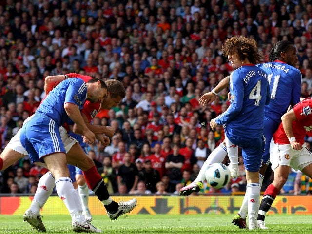 Nemanja Vidic scores with a header against Chelsea on May 08, 2011.