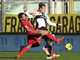 Antonio Cassano of Parma FC competes for the ball with Fabian Andres Rinaudo of Calcio Catania during the Serie A match between Parma FC and Calcio Catania at Stadio Ennio Tardini on February 9, 2014