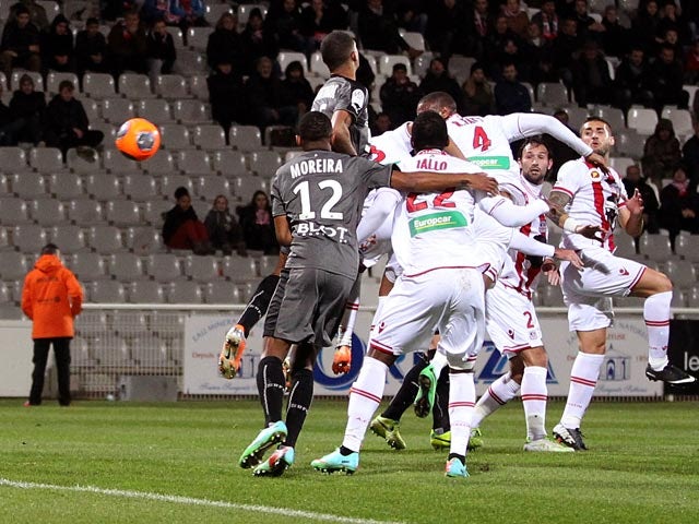 Ajaccio's Ricardo Faty scores the opening goal against Rennes during their Ligue 1 match on February 8, 2014