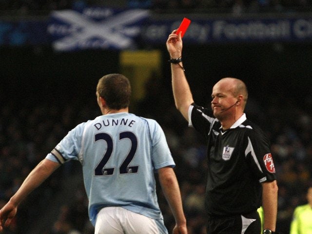 Richard Dunne is red carded against Wigan Athletic on November 09, 2008.
