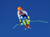 Rok Perko of Slovenia skis during training for the Alpine Skiing Men's Downhill ahead of the Sochi 2014 Winter Olympics at Rosa Khutor Alpine Center on February 7, 2014