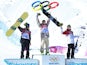 Norway's Staale Sandbech (silver), USA's Sage Kotsenburg (gold) and Canada's Mark McMorris (bronze) on the podium for the men's slopestyle final on February 8, 2014.