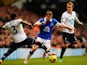 Seamus Coleman of Everton is challenged by Danny Rose and Christian Eriksen of Tottenham Hotspur during the Barclays Premier League match between Tottenham Hotspur and Everton at White Hart Lane on February 9, 2014