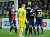 PSG's Zlatan Ibrahimovic (C) celebrates with his teammates after scoring a goal during the French League Cup semi-final football match against Nantes on February 4, 2014